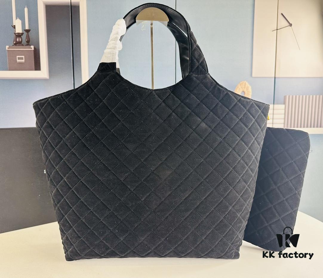 New YSL Icare Suede Quilted Tote Bag in Black and Caramel