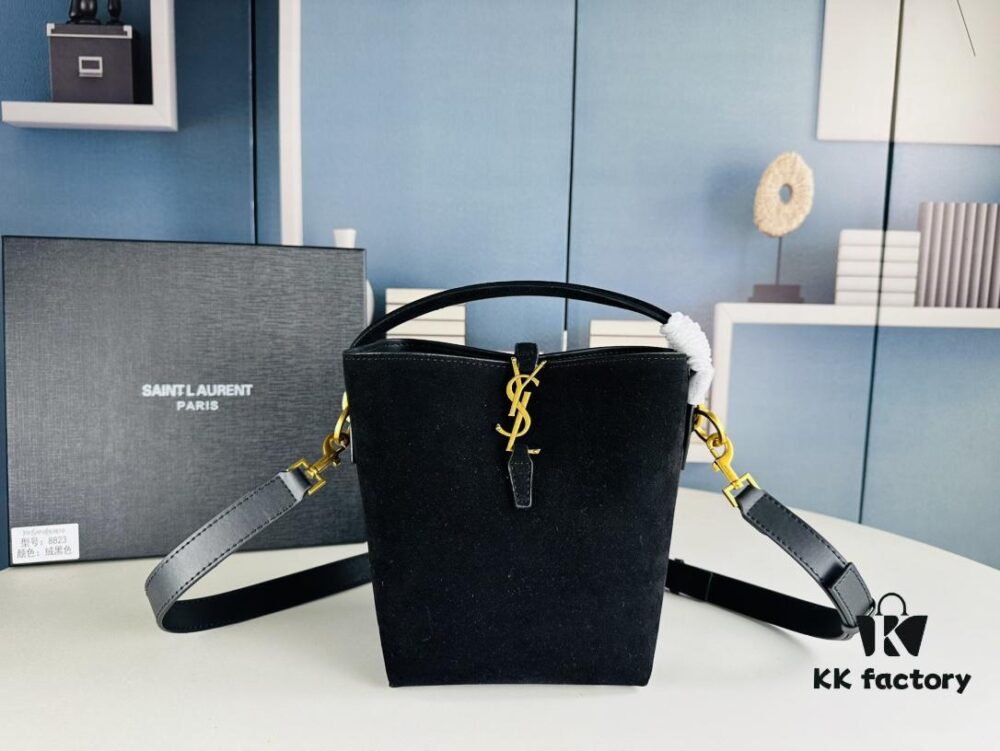 New Autumn/Winter Arrival Matte Mini YSL Bucket Bag with Box - Authentic YSL LE37 in Black Gold Hardware, Celebrity Style