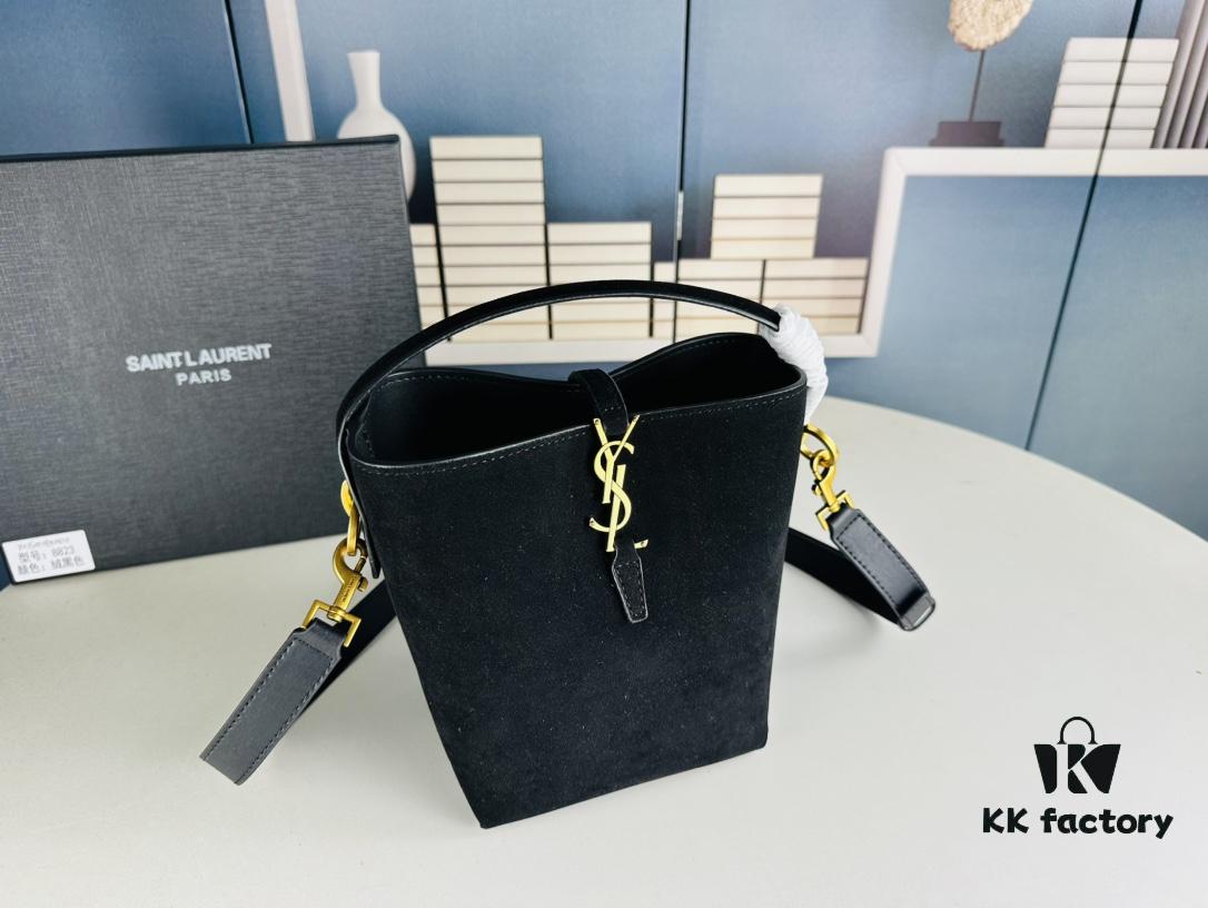 New Autumn/Winter Arrival Matte Mini YSL Bucket Bag with Box - Authentic YSL LE37 in Black Gold Hardware, Celebrity Style