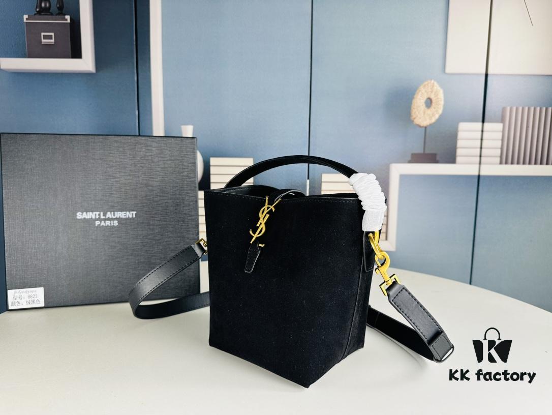 New Autumn/Winter Arrival Matte Mini YSL Bucket Bag with Box - Authentic YSL LE37 in Black Gold Hardware, Celebrity Style