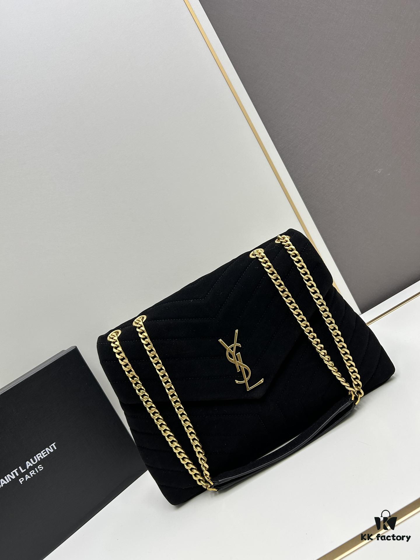 Large YSL LOU LOU Suede Leather Chain Shoulder Bag with Box ||| Loulou Black Brown Nubuck