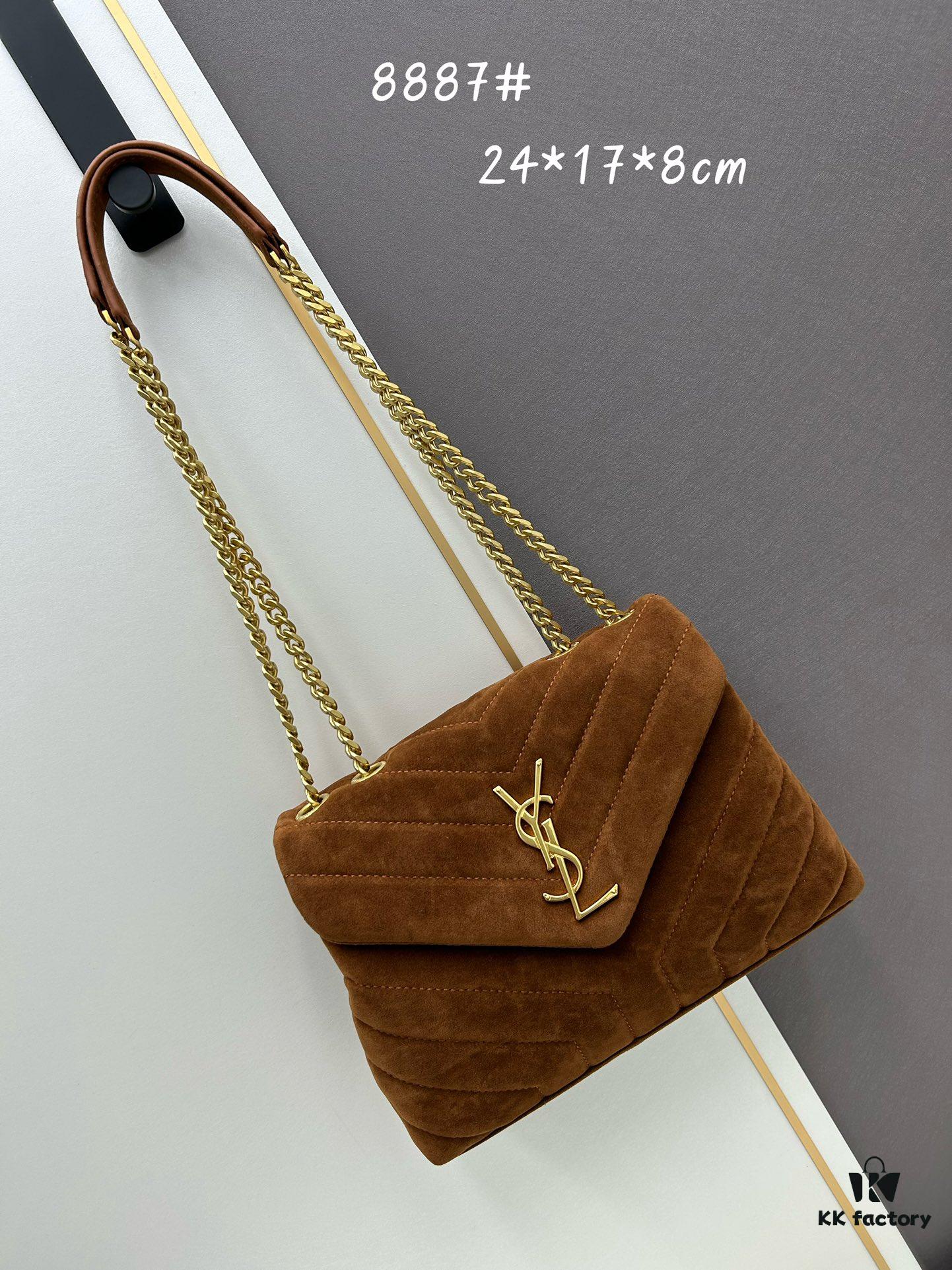 Medium YSL LOU LOU Suede Leather Chain Shoulder Bag in Black and Brown