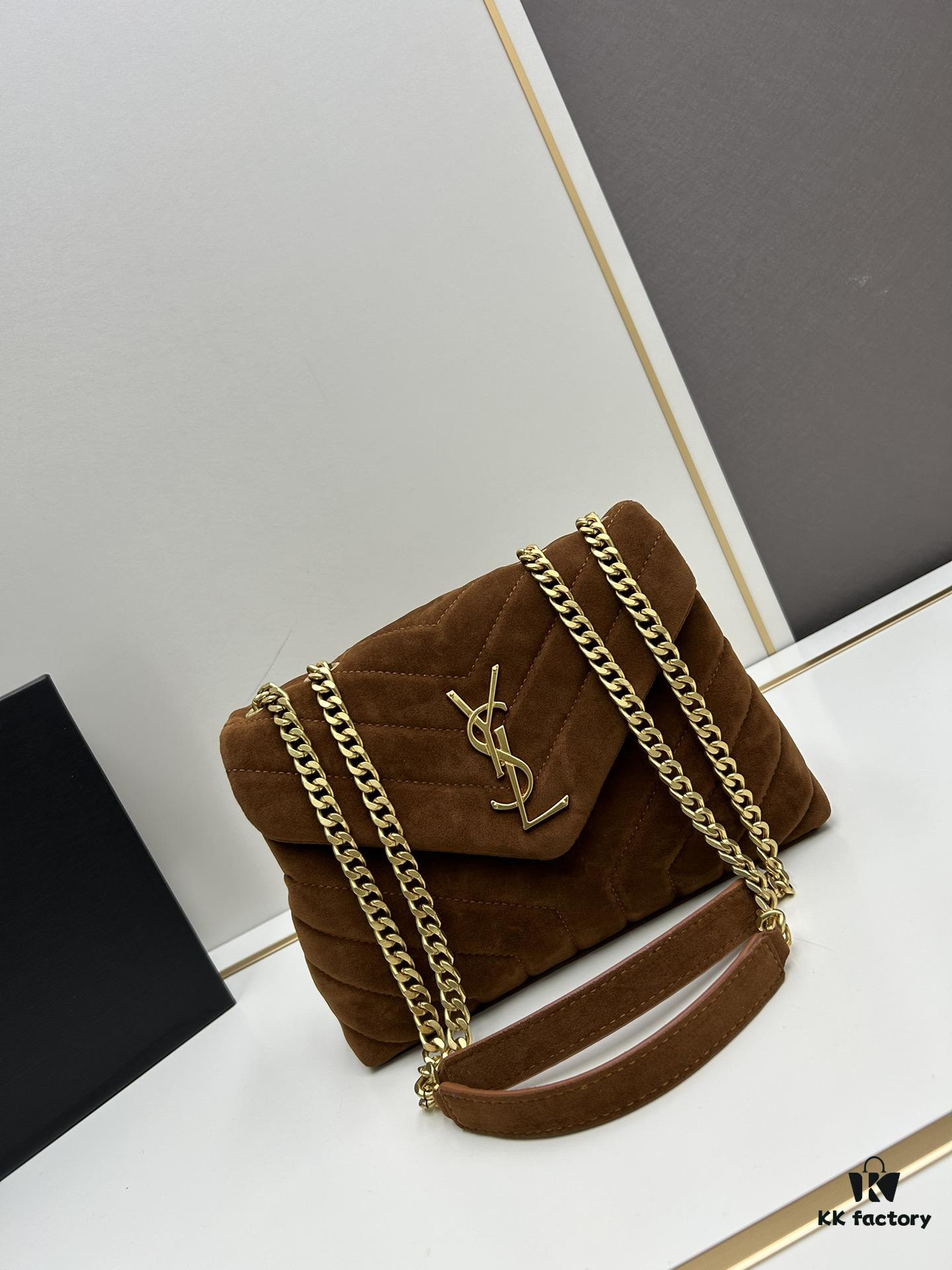 Medium YSL LOU LOU Suede Leather Chain Shoulder Bag in Black and Brown