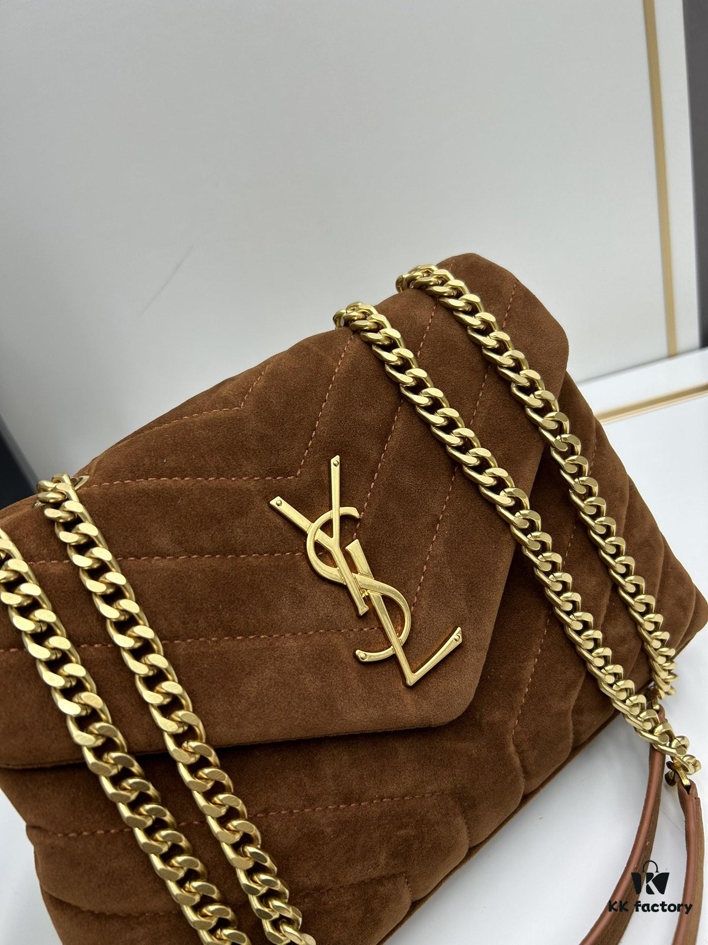Medium YSL LOU LOU Suede Leather Chain Shoulder Bag in Black and Brown