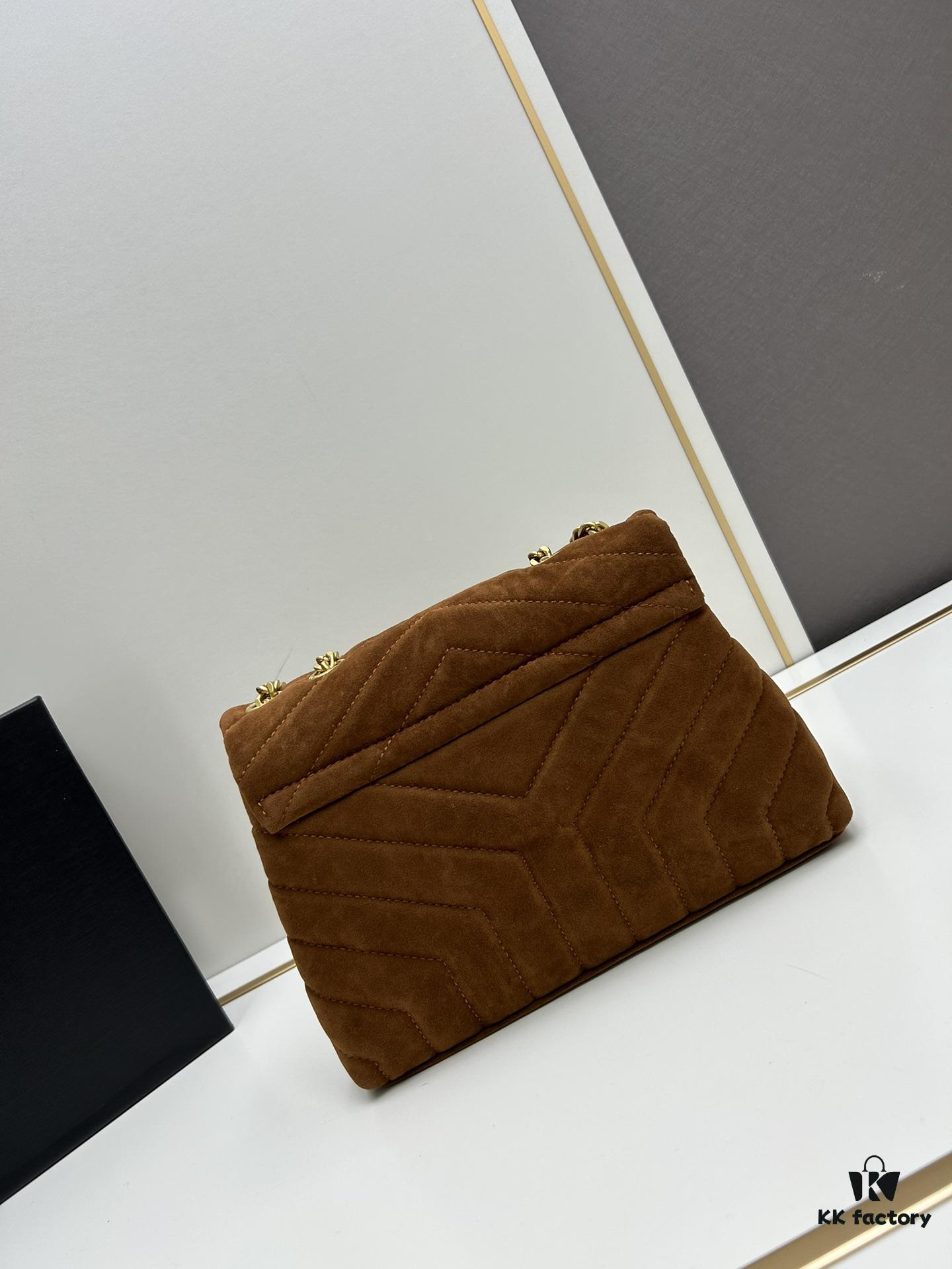 Medium YSL LOU LOU Suede Leather Chain Shoulder Bag in Black and Brown