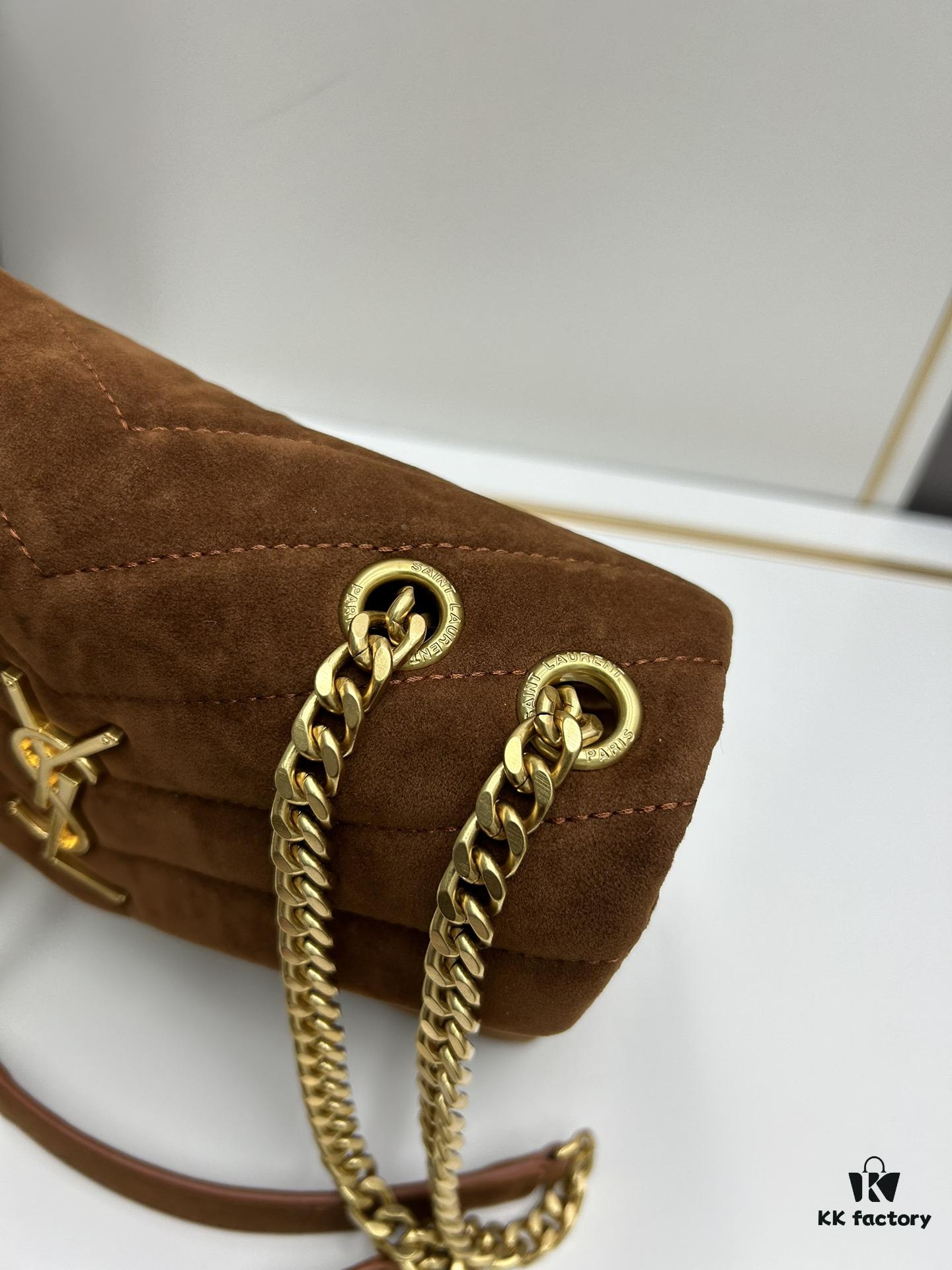 Medium YSL LOU LOU Suede Leather Chain Shoulder Bag in Black and Brown