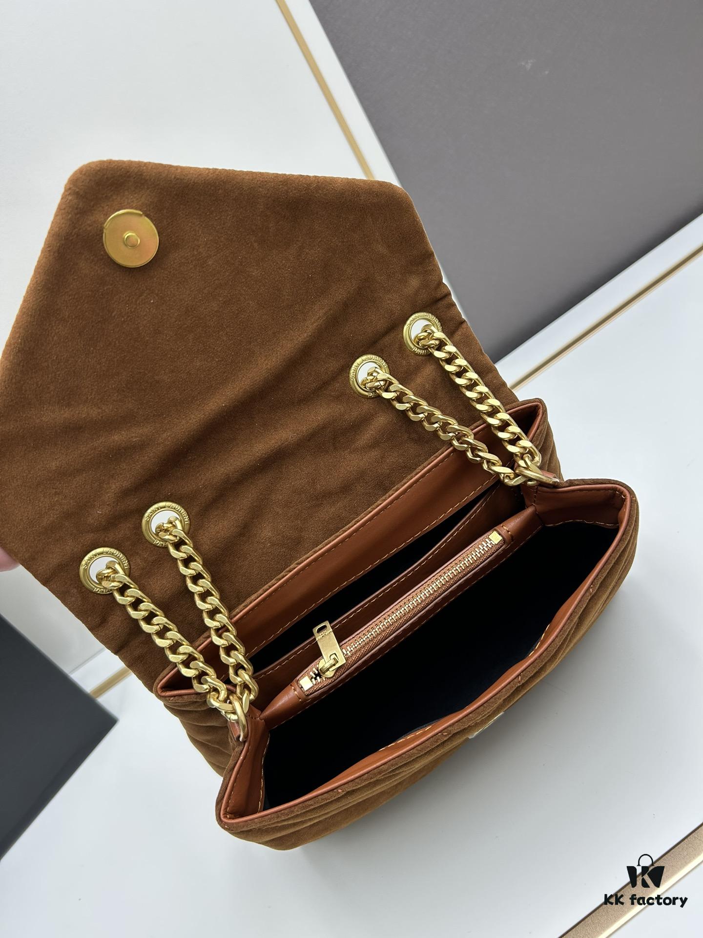 Medium YSL LOU LOU Suede Leather Chain Shoulder Bag in Black and Brown