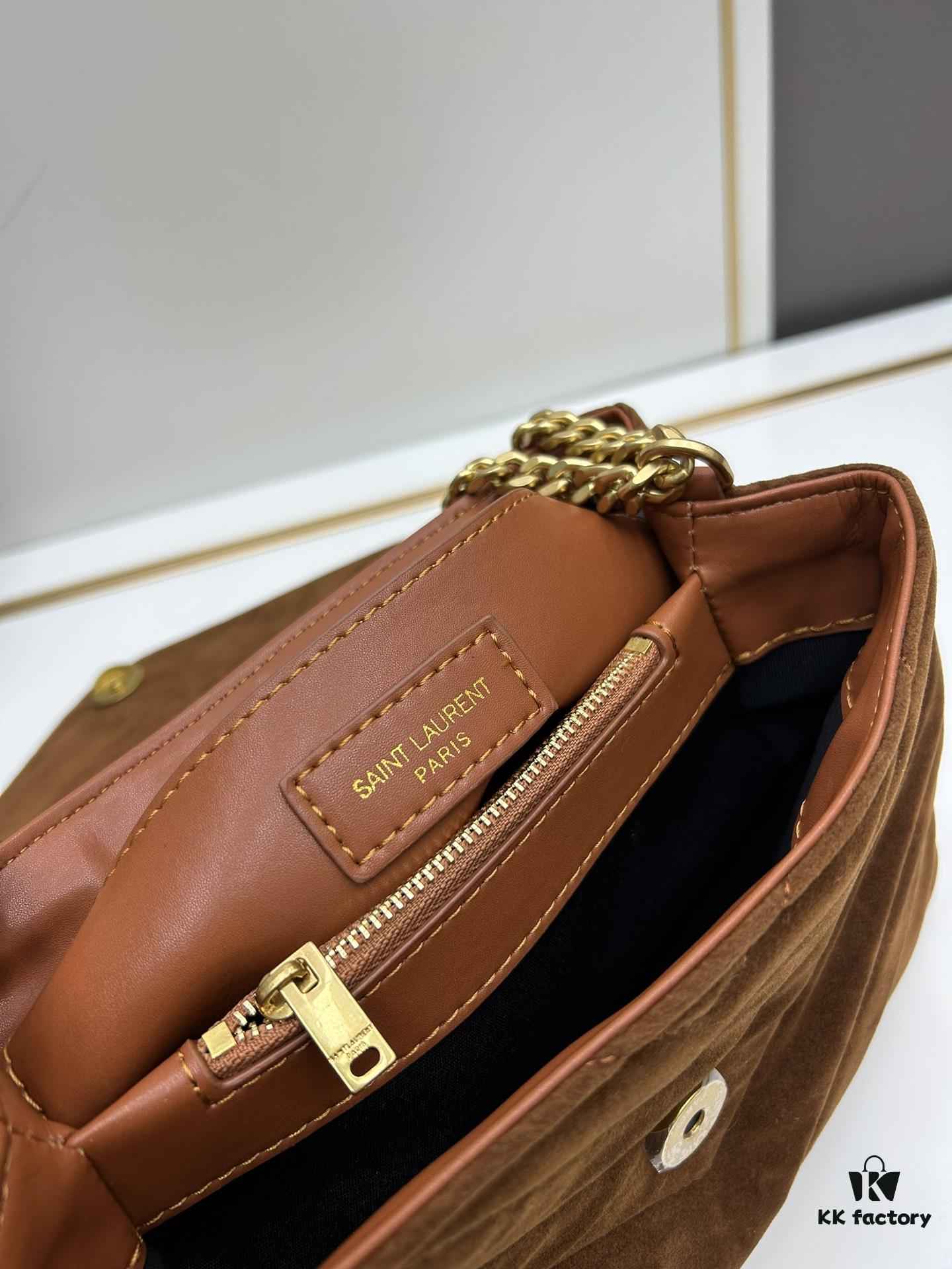 Medium YSL LOU LOU Suede Leather Chain Shoulder Bag in Black and Brown