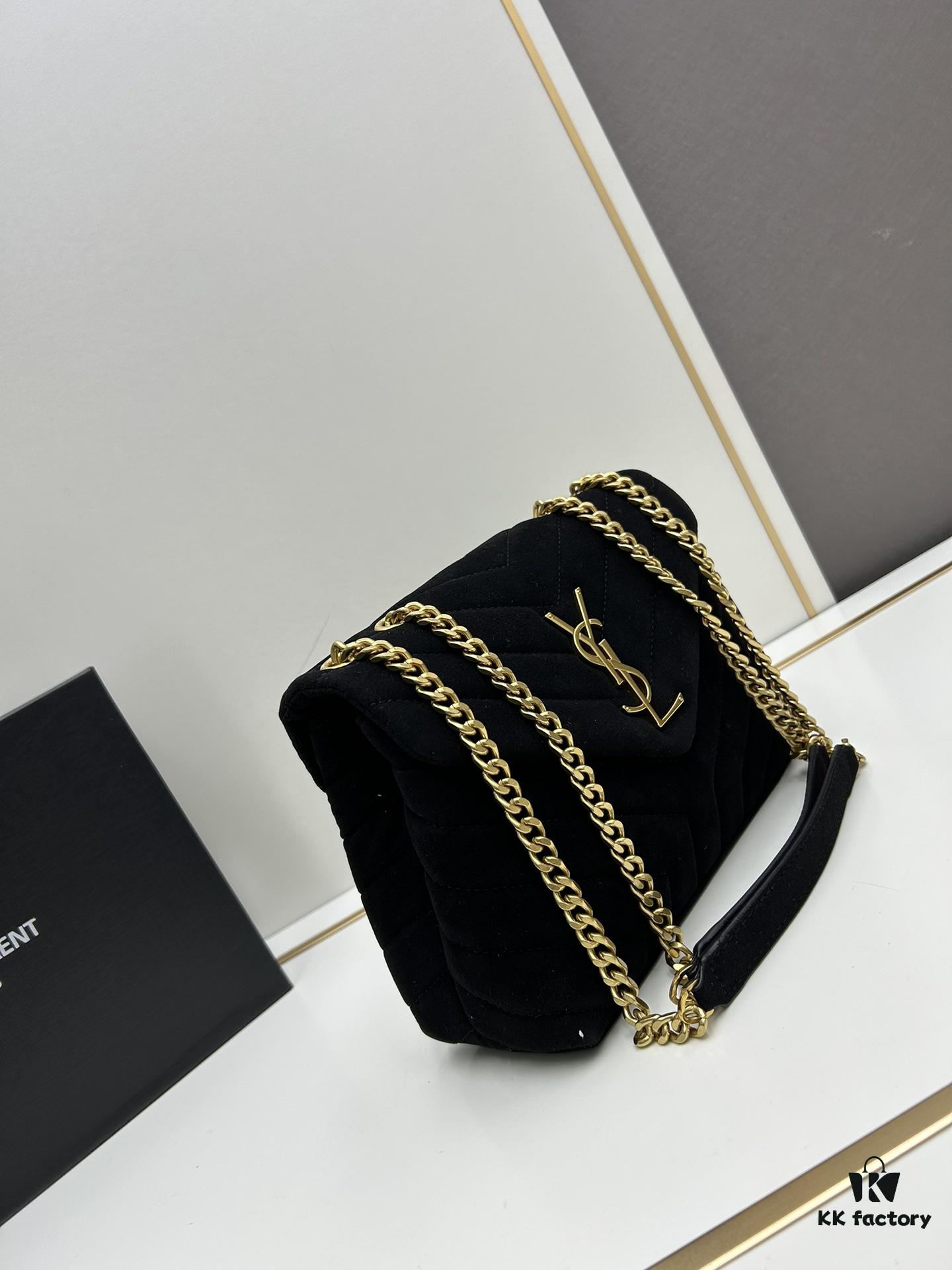 Medium YSL LOU LOU Suede Leather Chain Shoulder Bag with Box ||| Loulou Black Brown Nubuck