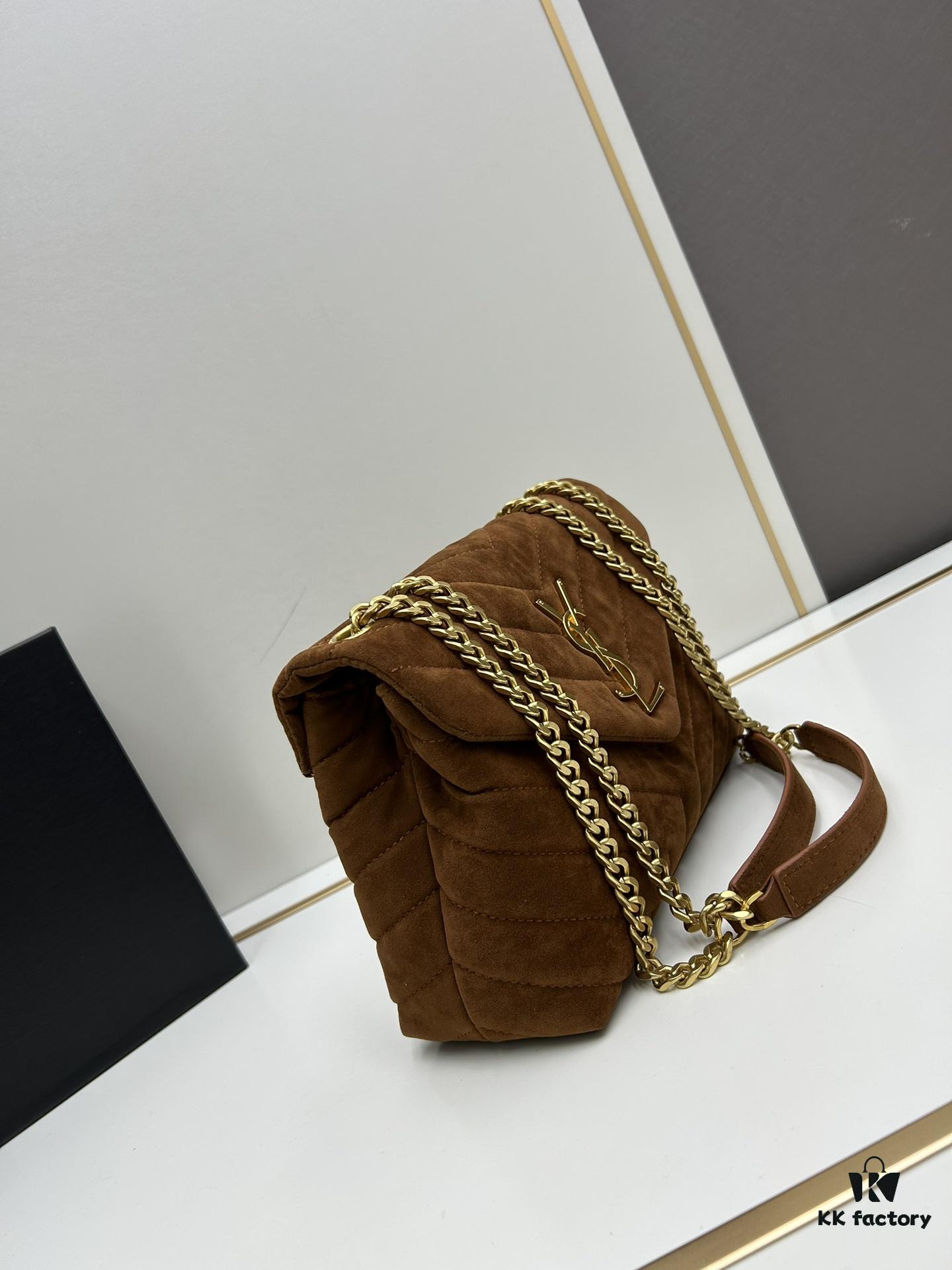 Medium YSL LOU LOU Suede Leather Chain Shoulder Bag in Black and Brown