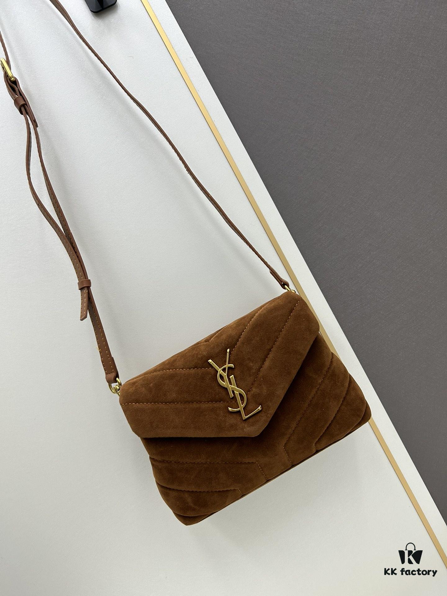 Small YSL Loulou Suede Chain Shoulder Bag in Black and Brown with Box