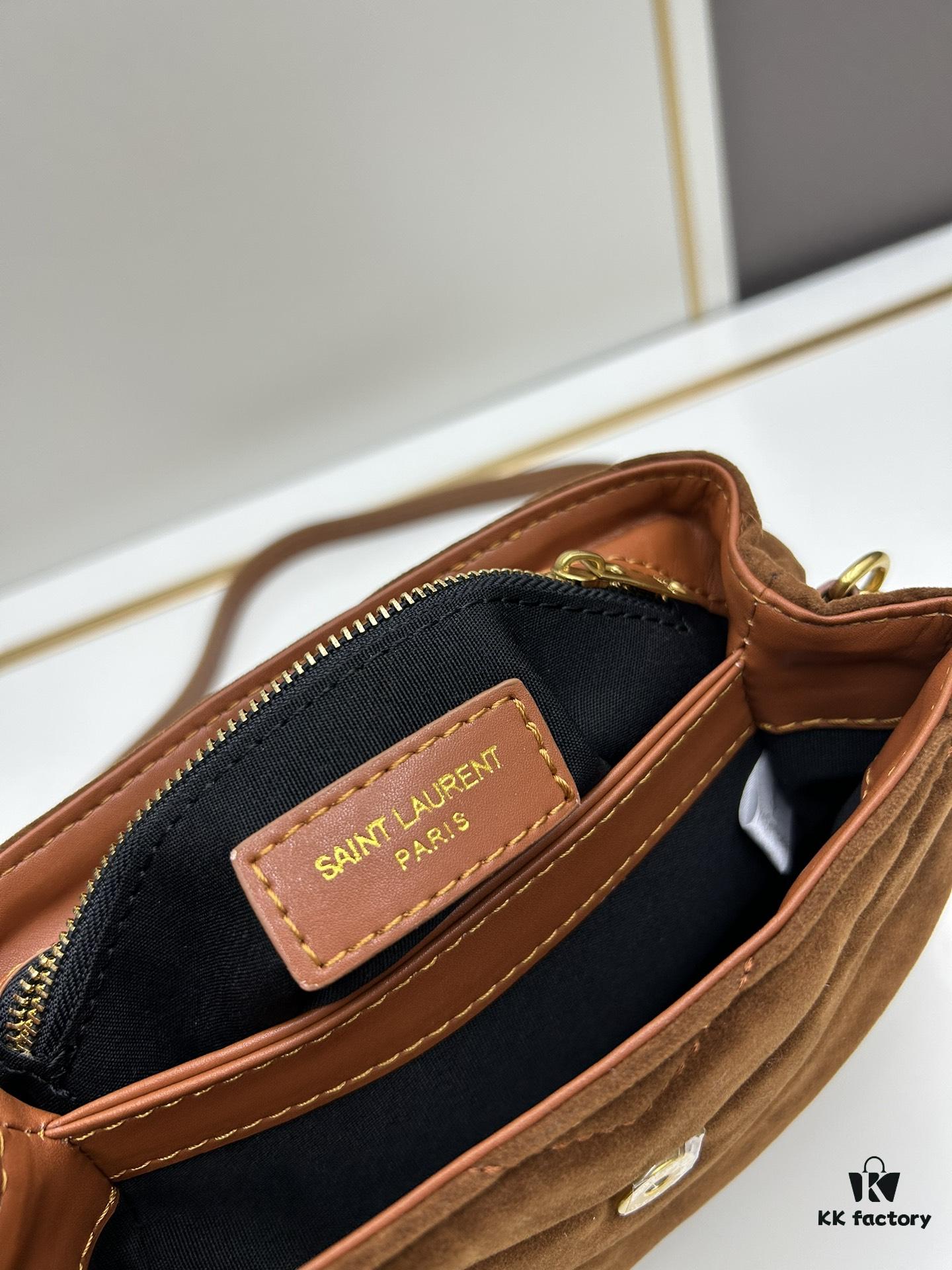 Small YSL Loulou Suede Chain Shoulder Bag in Black and Brown with Box