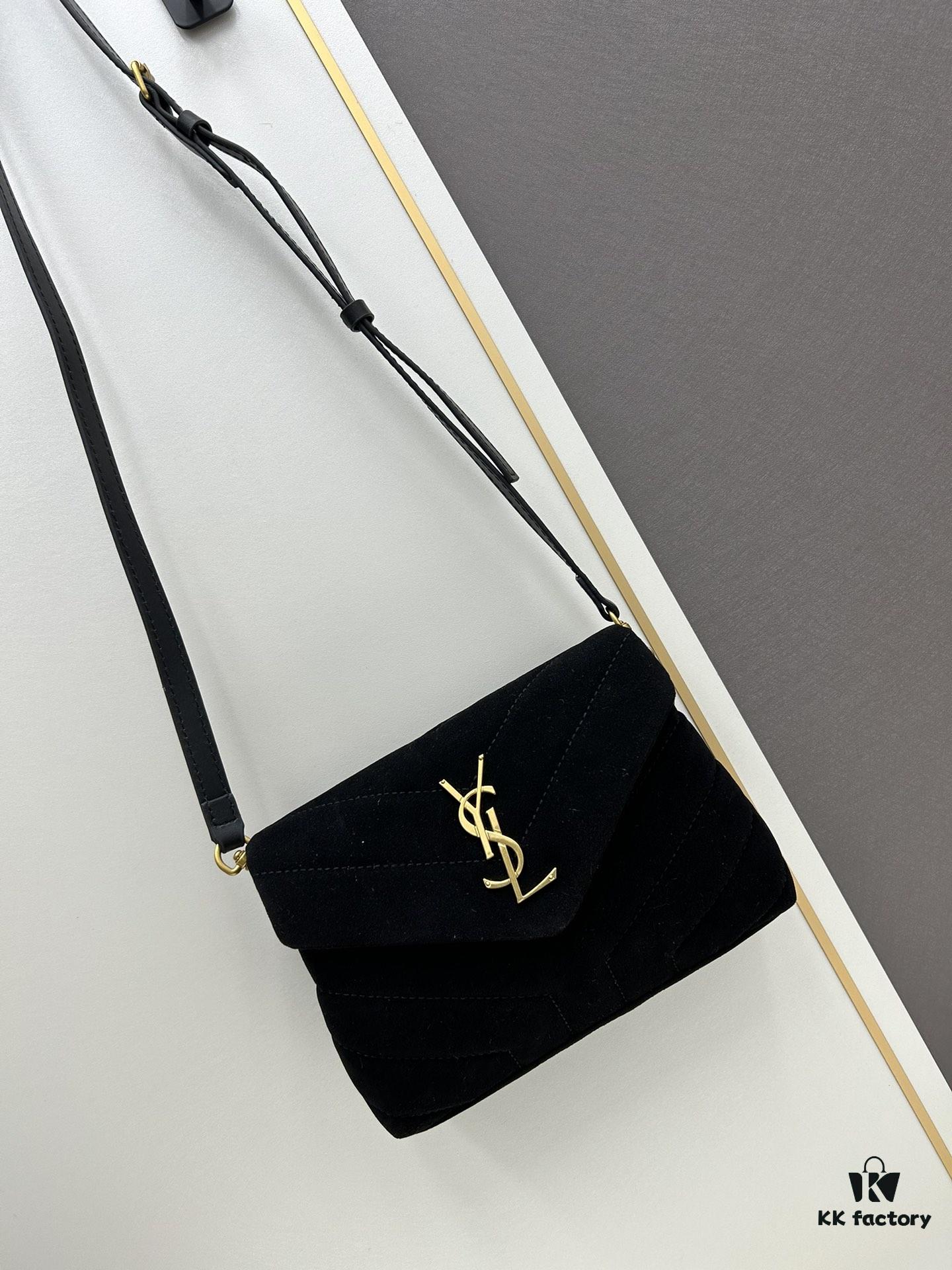 Small YSL Loulou Suede Leather Chain Shoulder Bag in Black and Brown with Box