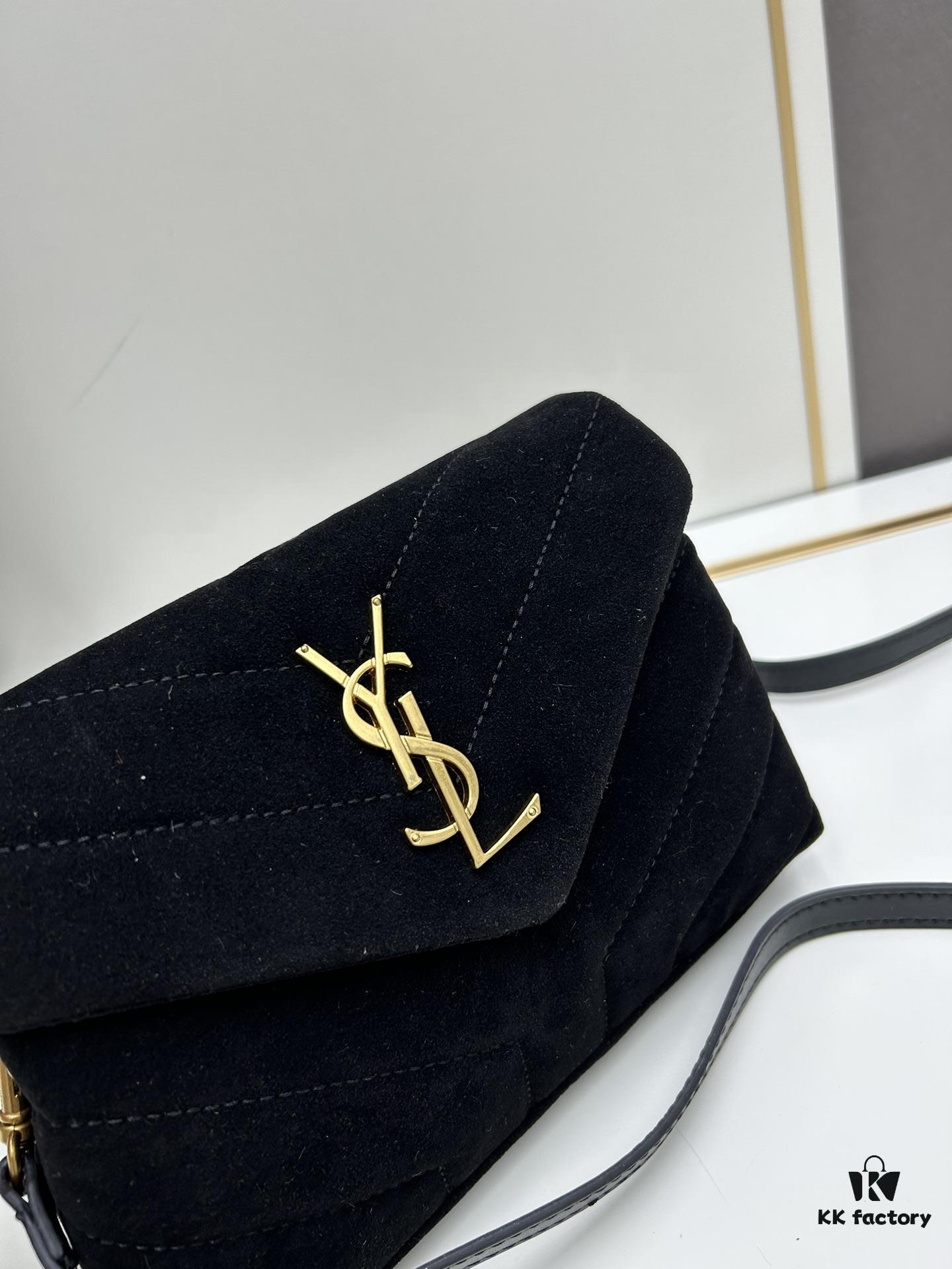 Small YSL Loulou Suede Leather Chain Shoulder Bag in Black and Brown with Box