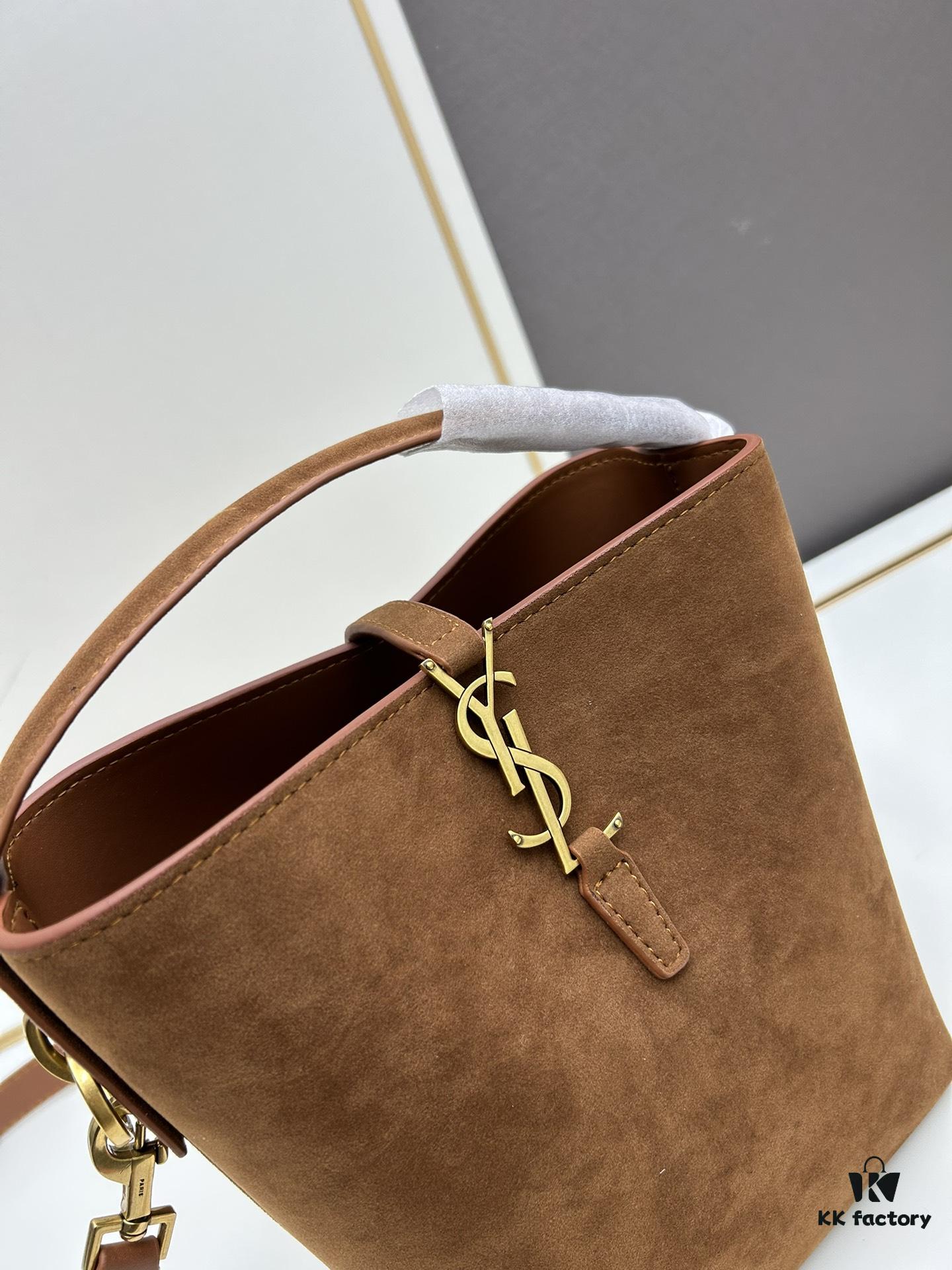 New Autumn/Winter Arrival Matte Mini YSL Bucket Bag with Box - Authentic YSL LE37 in Black Gold Hardware, Celebrity Style