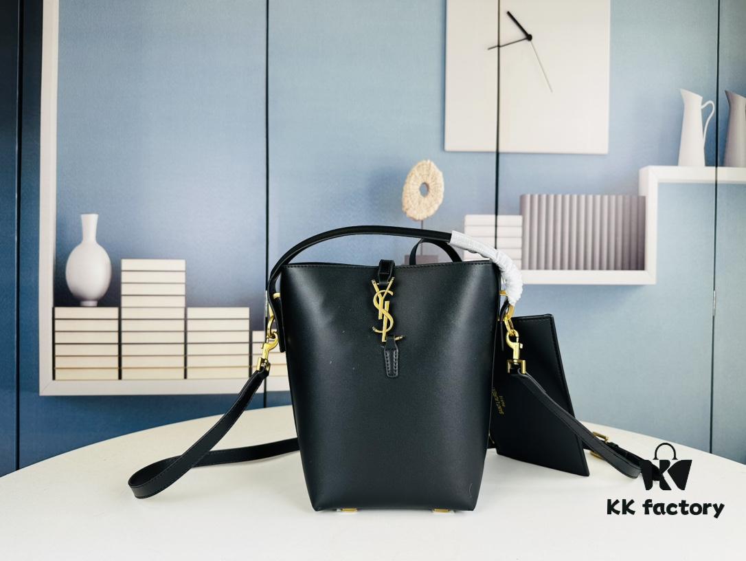 Authentic YSL LE37 Small Bucket Bag in Shiny Black with Gold Hardware, Comes with Box