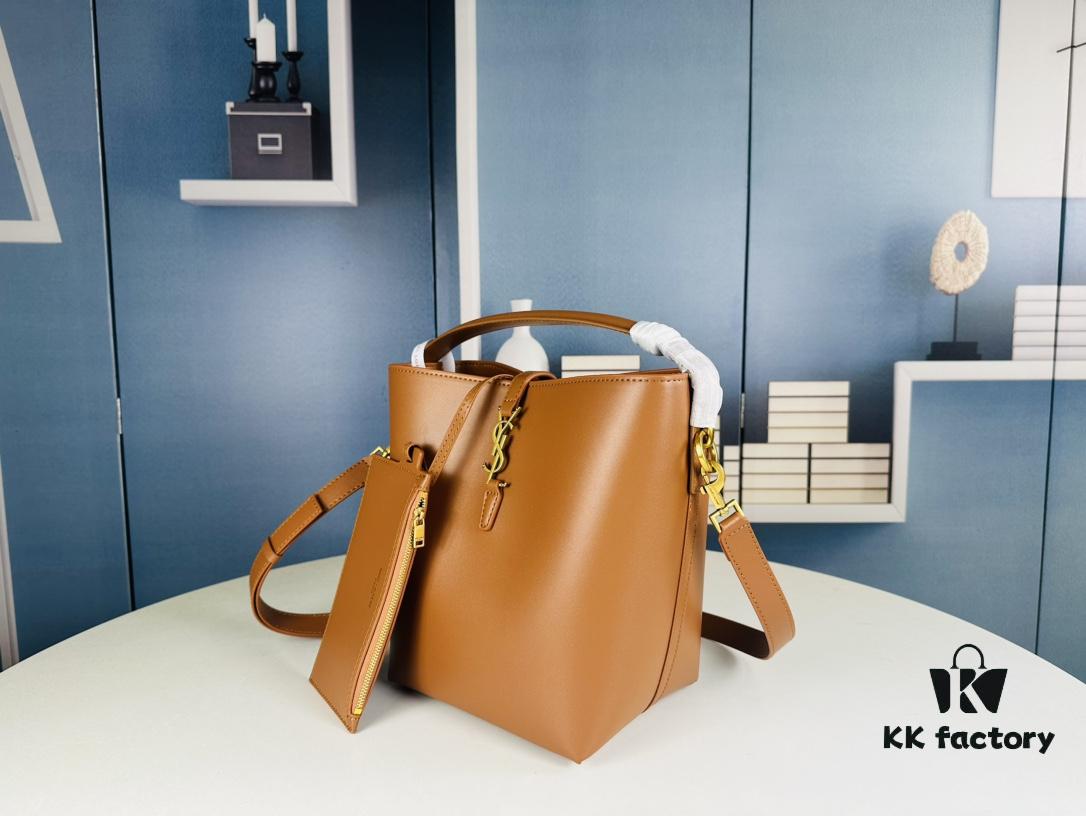 New Arrival Large YSL Bucket Bag with Box - Authentic LE37 Model, Black Shiny Leather with Gold Hardware, Includes Dust Bag and Detachable Pouch