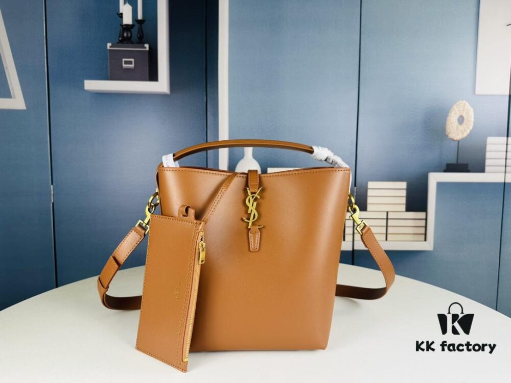 New Arrival Large YSL Bucket Bag with Box - Authentic LE37 Model, Black Shiny Leather with Gold Hardware, Includes Dust Bag and Detachable Pouch