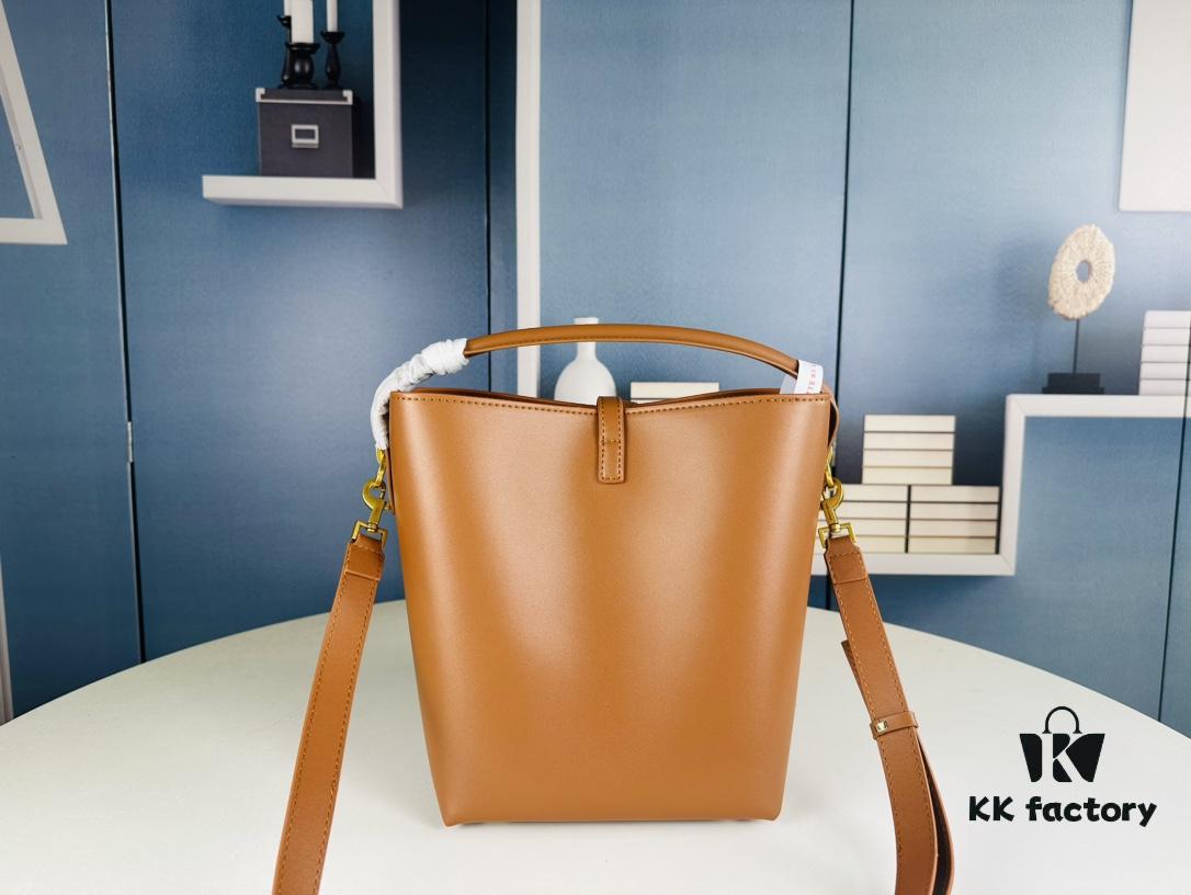 New Arrival Large YSL Bucket Bag with Box - Authentic LE37 Model, Black Shiny Leather with Gold Hardware, Includes Dust Bag and Detachable Pouch