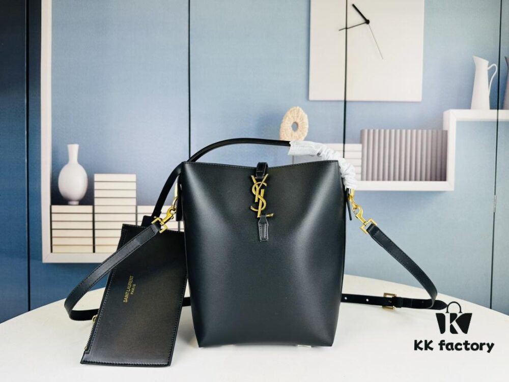 New Large YSL Bucket Bag with Box - Authentic LE37 Model, Shiny Leather Black & Gold Design, Celebrity Style