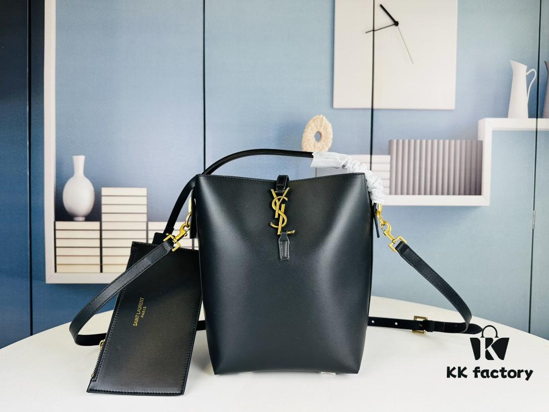 New Large YSL Bucket Bag with Box - Authentic LE37 Model, Shiny Leather Black & Gold Design, Celebrity Style