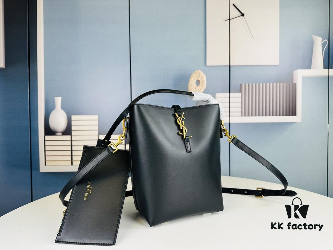 New Large YSL Bucket Bag with Box - Authentic LE37 Model, Shiny Leather Black & Gold Design, Celebrity Style