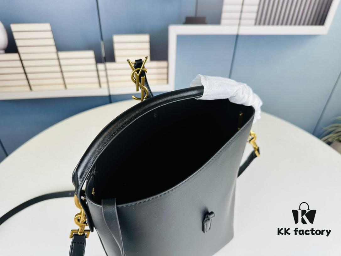 New Large YSL Bucket Bag with Box - Authentic LE37 Model, Shiny Leather Black & Gold Design, Celebrity Style