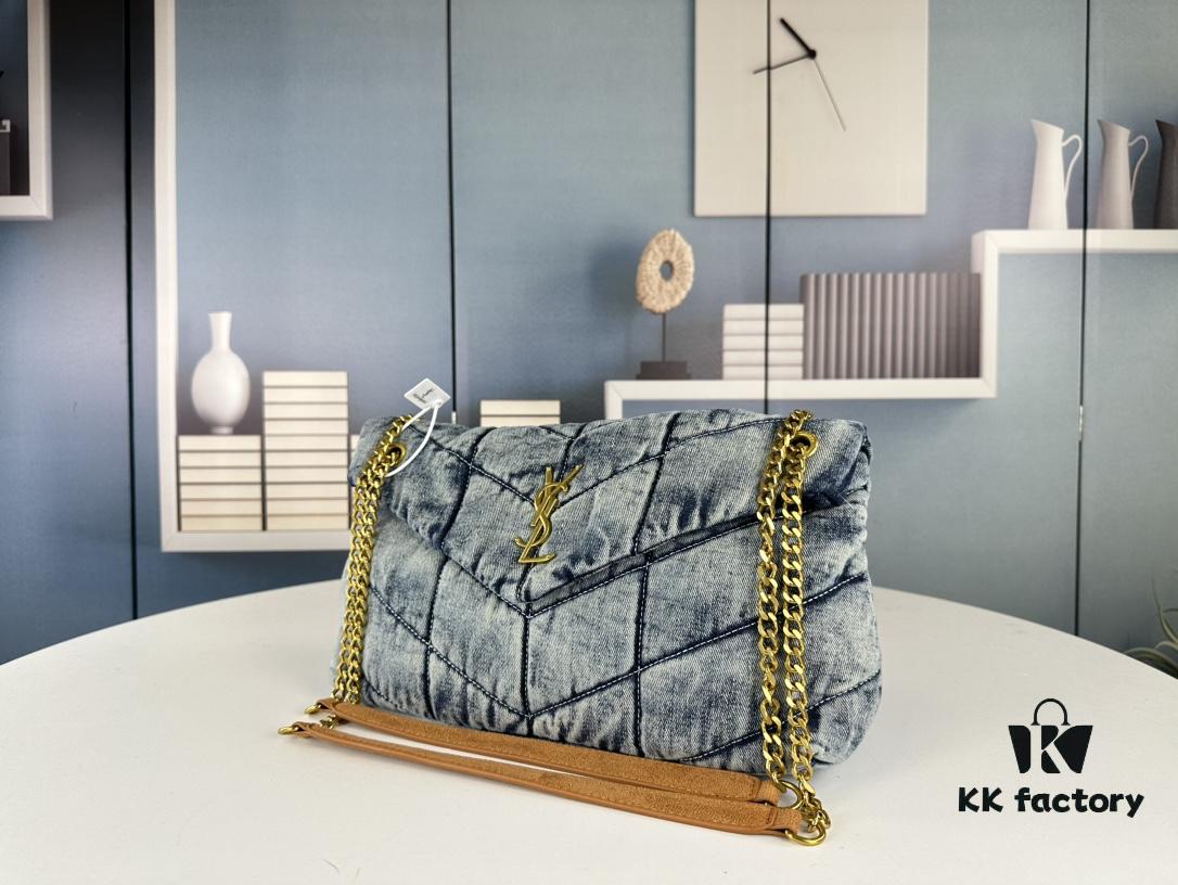 New Large Denim YSL Puffer Bag with Box Loulou Puffer Cloud Bag Washed Denim with Beige Suede Strap