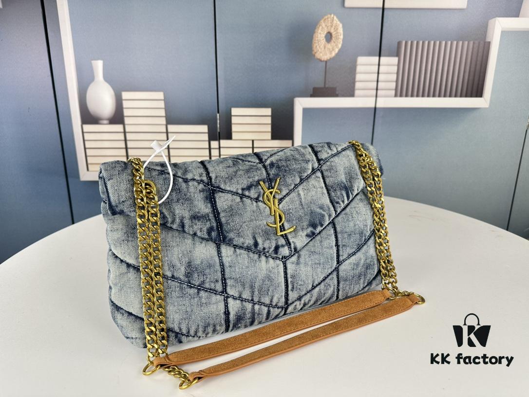 New Large Denim YSL Puffer Bag with Box Loulou Puffer Cloud Bag Washed Denim with Beige Suede Strap