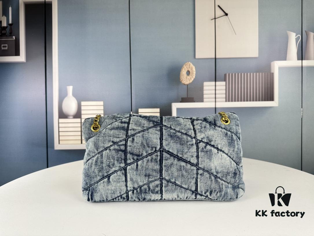 New Large Denim YSL Puffer Bag with Box Loulou Puffer Cloud Bag Washed Denim with Beige Suede Strap