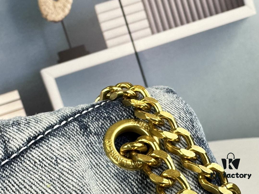 New Large Denim YSL Puffer Bag with Box Loulou Puffer Cloud Bag Washed Denim with Beige Suede Strap