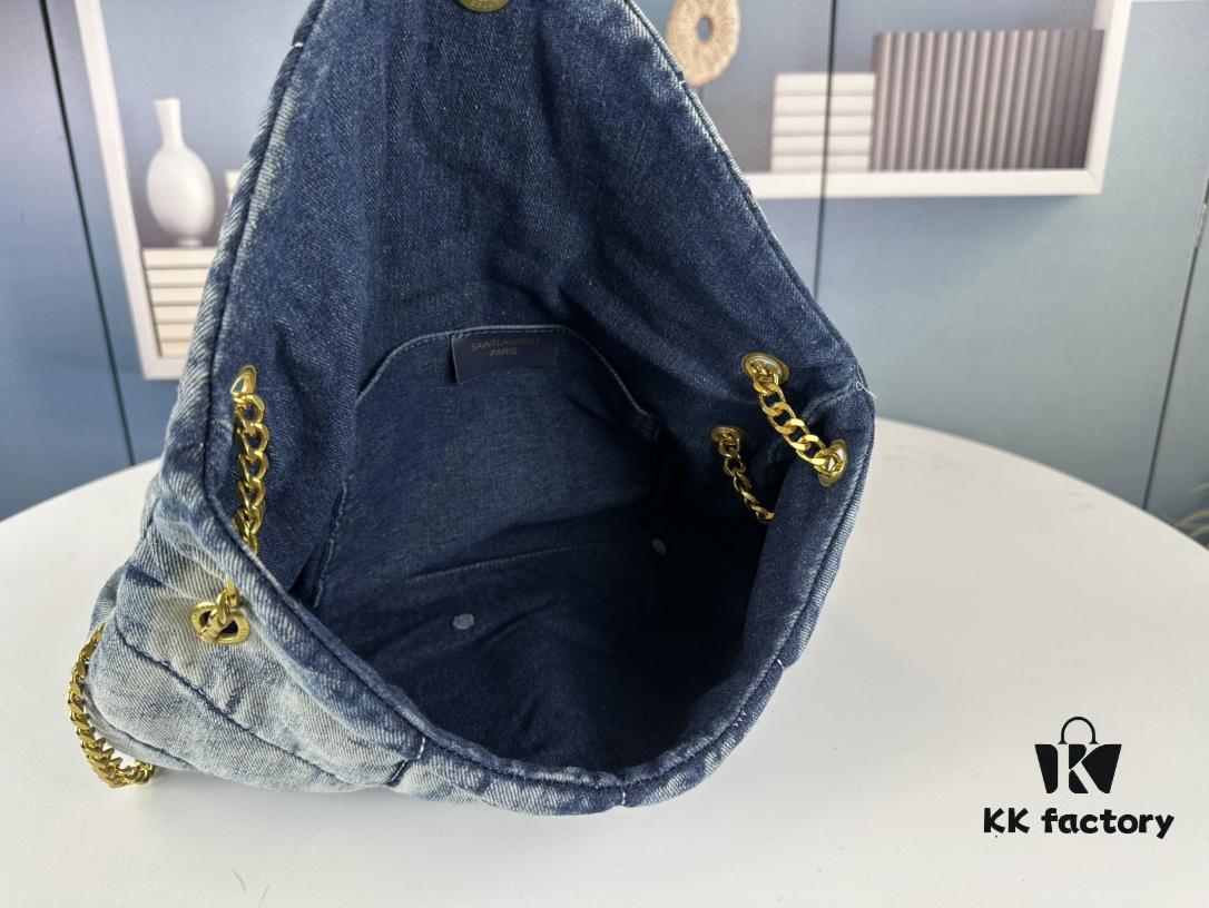 New Large Denim YSL Puffer Bag with Box Loulou Puffer Cloud Bag Washed Denim with Beige Suede Strap