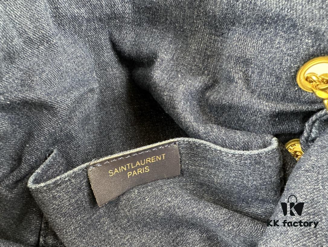 New Large Denim YSL Puffer Bag with Box Loulou Puffer Cloud Bag Washed Denim with Beige Suede Strap