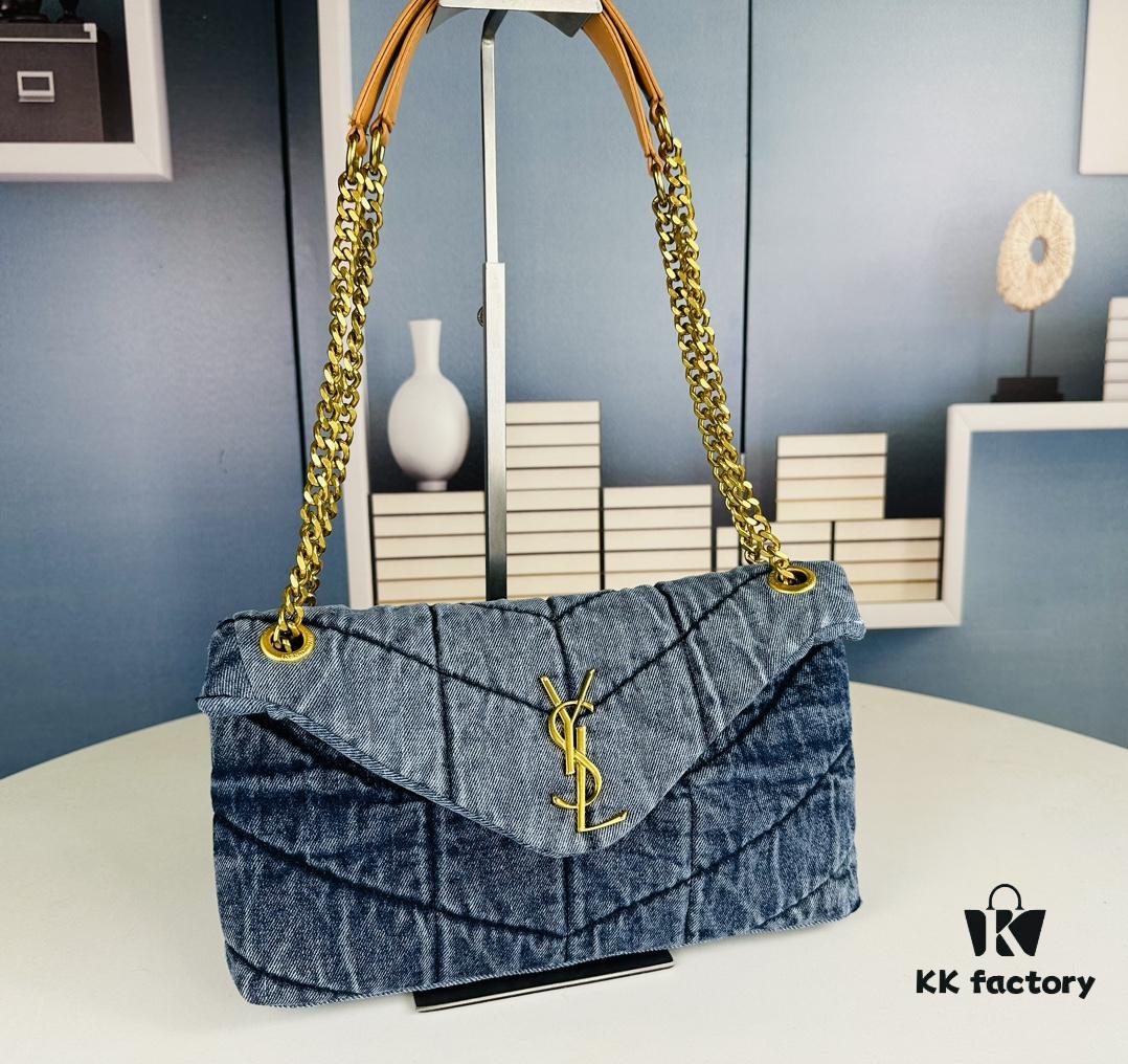 New Small YSL Loulou Puffer Denim Bag with Box - Washed Denim with Beige Suede Strap