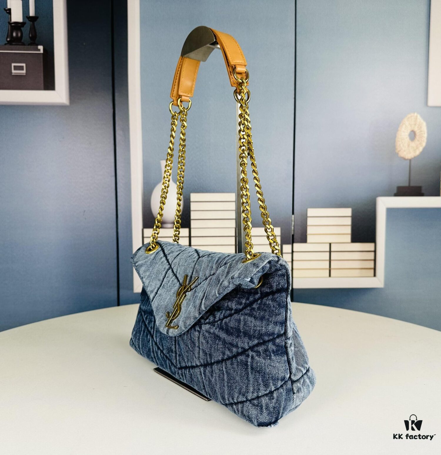 New Small YSL Loulou Puffer Denim Bag with Box - Washed Denim with Beige Suede Strap