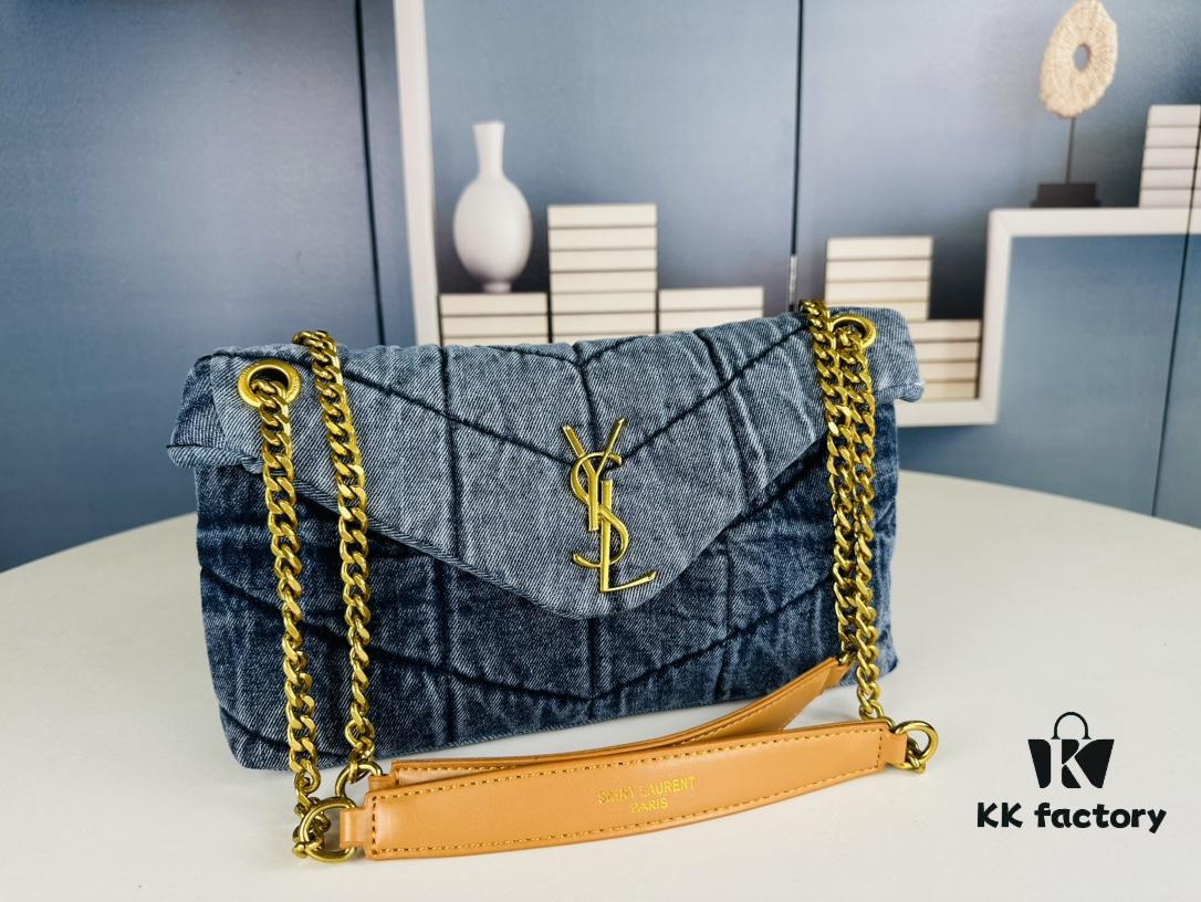 New Small YSL Loulou Puffer Denim Bag with Box - Washed Denim with Beige Suede Strap