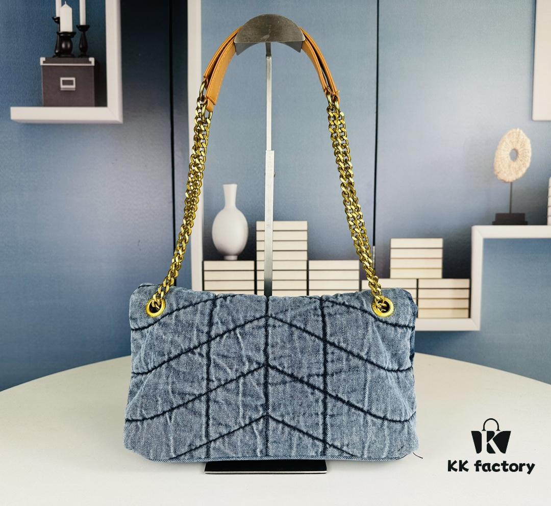 New Small YSL Loulou Puffer Denim Bag with Box - Washed Denim with Beige Suede Strap