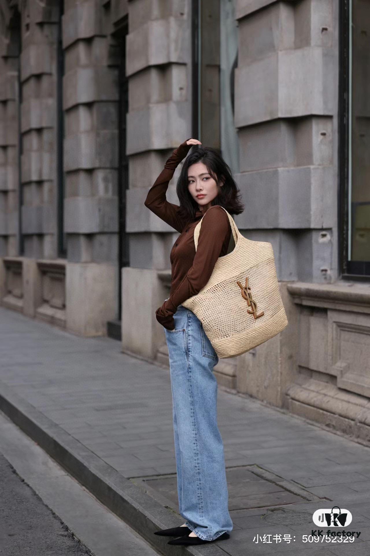 New Large YSL Icare Raffia Bag with Mini Compartment - Symbolizing Beautiful, Resilient, and Devoted Love