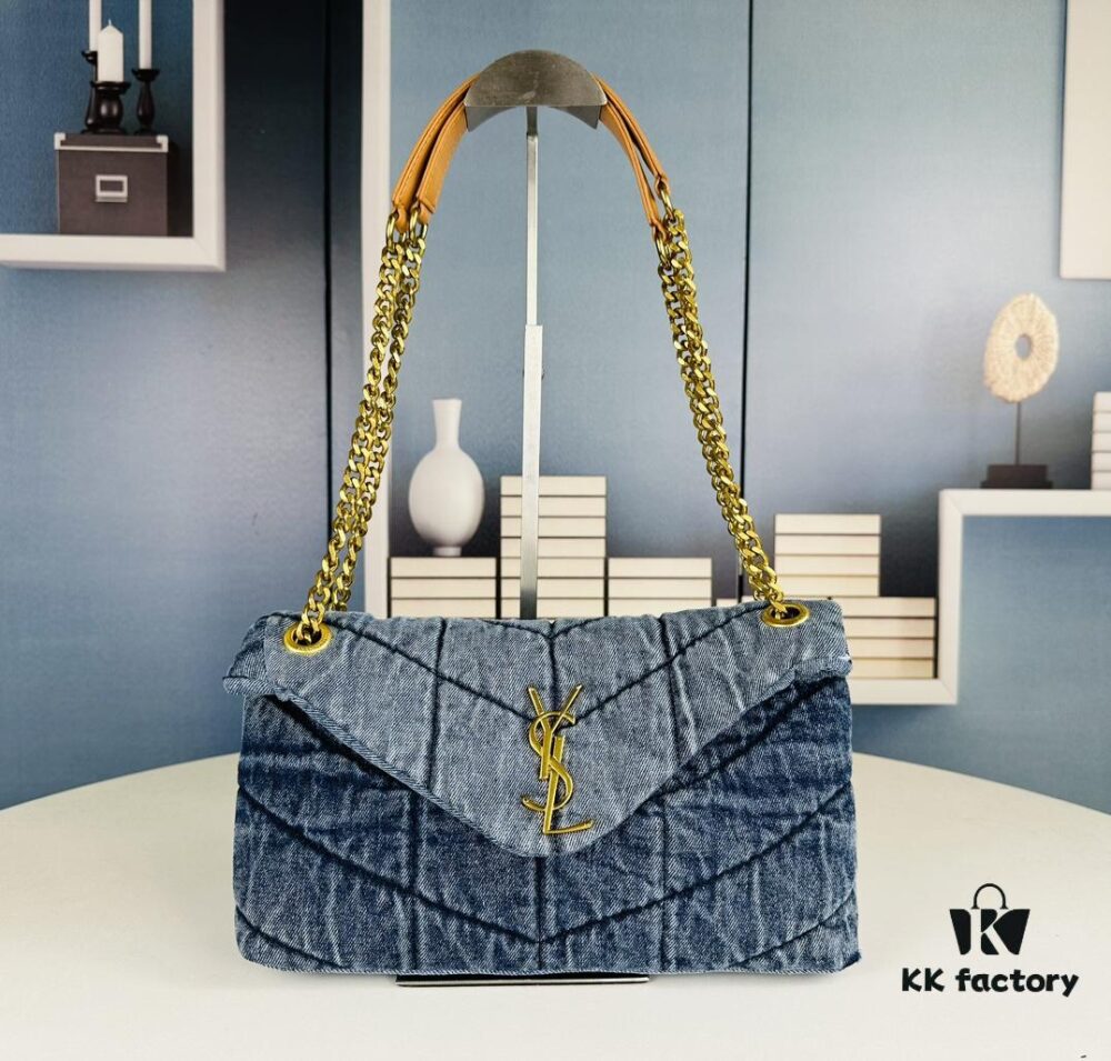 New Small YSL Loulou Puffer Denim Bag with Box - Washed Denim with Beige Suede Strap