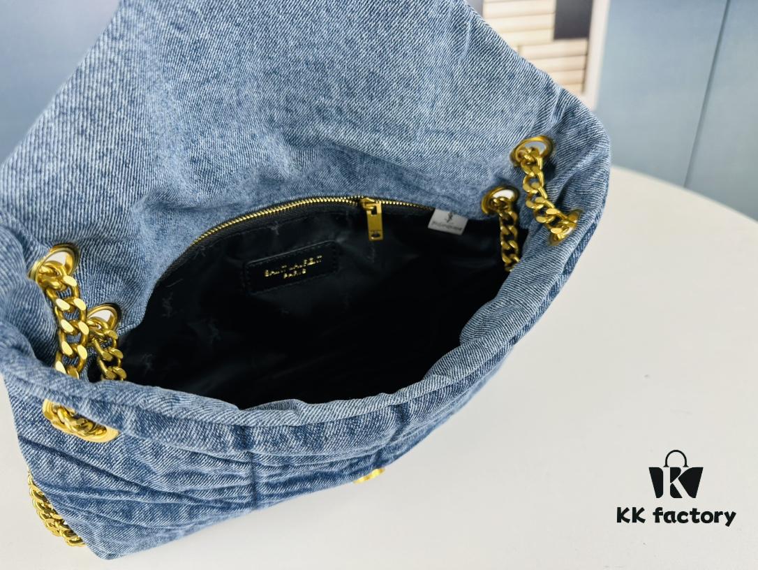 New Small YSL Loulou Puffer Denim Bag with Box - Washed Denim with Beige Suede Strap