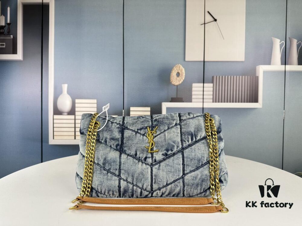 New Large Denim YSL Puffer Bag with Box Loulou Puffer Cloud Bag Washed Denim with Beige Suede Strap