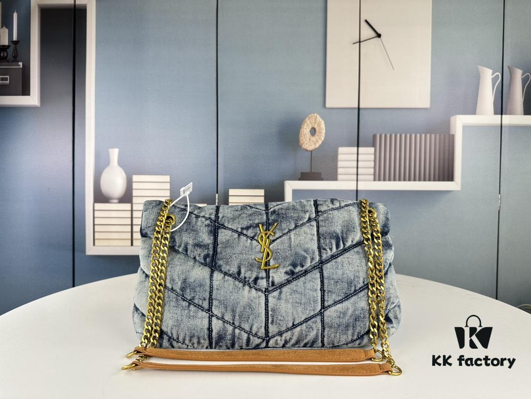 New Large Denim YSL Puffer Bag with Box Loulou Puffer Cloud Bag Washed Denim with Beige Suede Strap