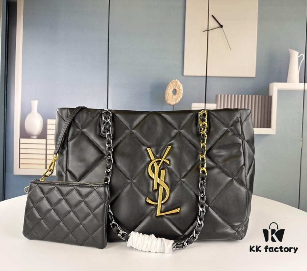 YSL New Tote Bag in Lambskin Black and Gold [Horizontal Style]