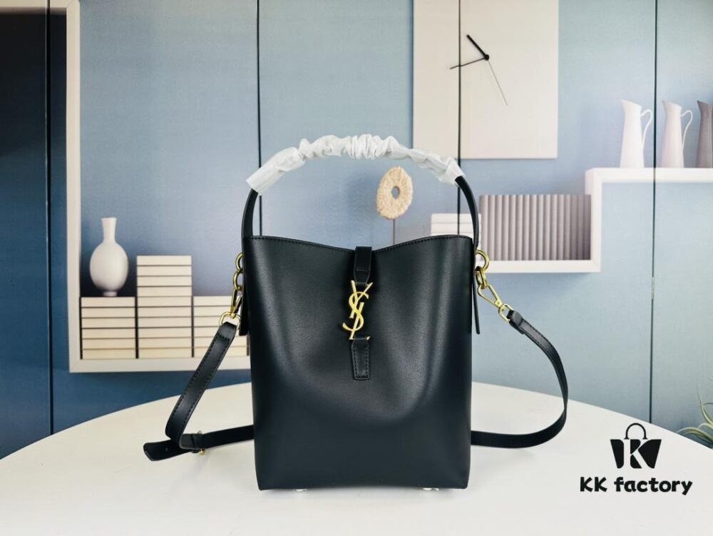 New Arrival with Box! Authentic YSL LE37 Bucket Bag, Celeb-Style Shiny Leather Black-Gold Edition