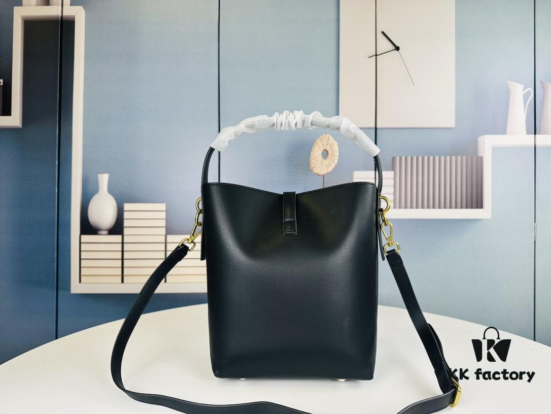 New Arrival with Box! Authentic YSL LE37 Bucket Bag, Celeb-Style Shiny Leather Black-Gold Edition