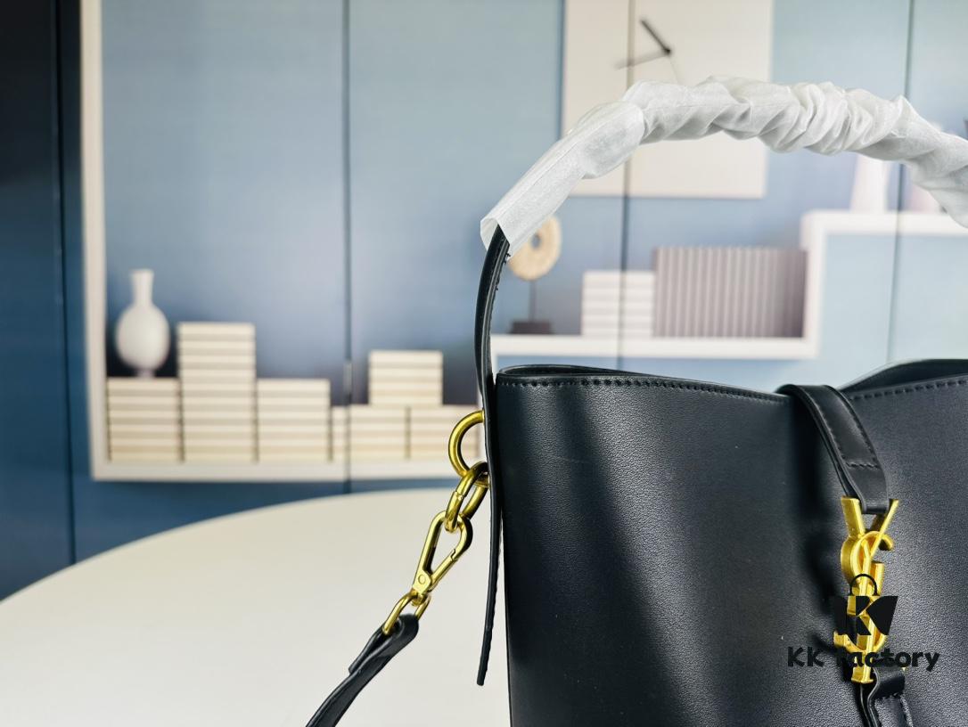 New Arrival with Box! Authentic YSL LE37 Bucket Bag, Celeb-Style Shiny Leather Black-Gold Edition