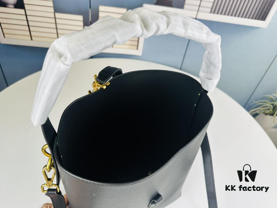 New Arrival with Box! Authentic YSL LE37 Bucket Bag, Celeb-Style Shiny Leather Black-Gold Edition