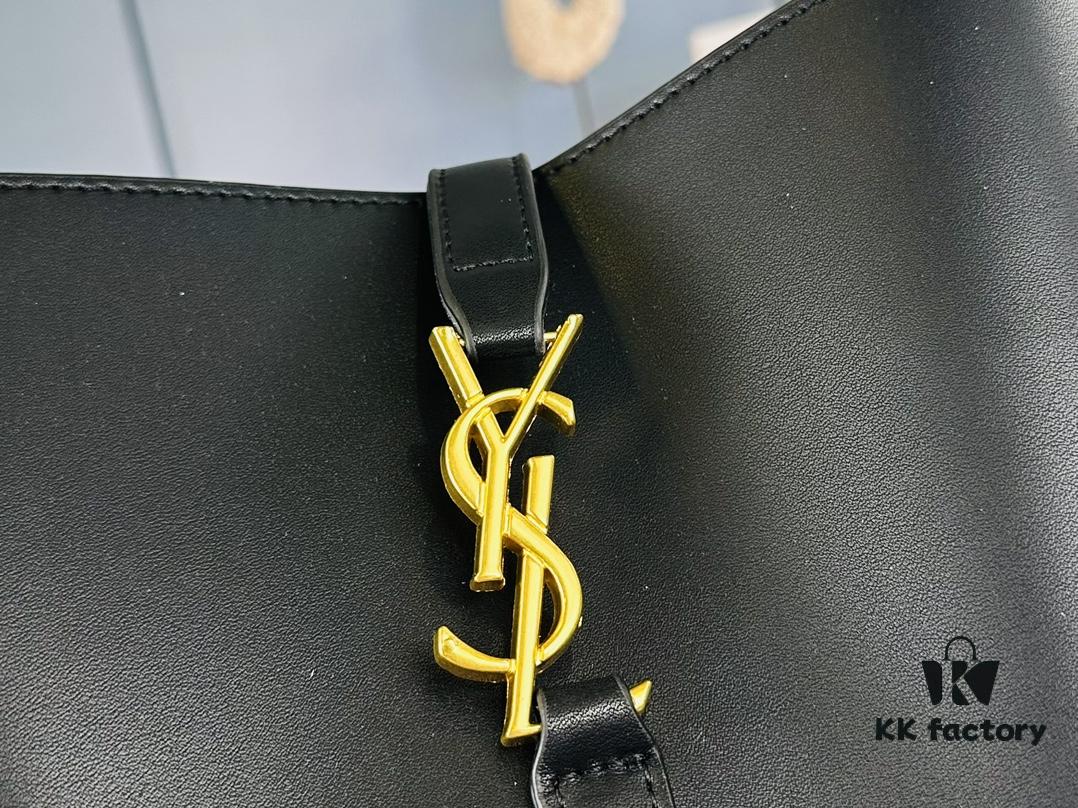 New Arrival with Box! Authentic YSL LE37 Bucket Bag, Celeb-Style Shiny Leather Black-Gold Edition