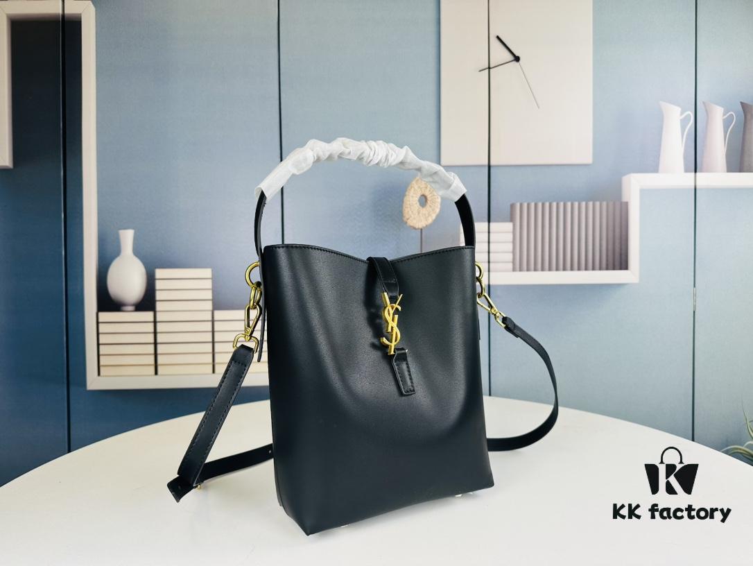 New Arrival with Box! Authentic YSL LE37 Bucket Bag, Celeb-Style Shiny Leather Black-Gold Edition