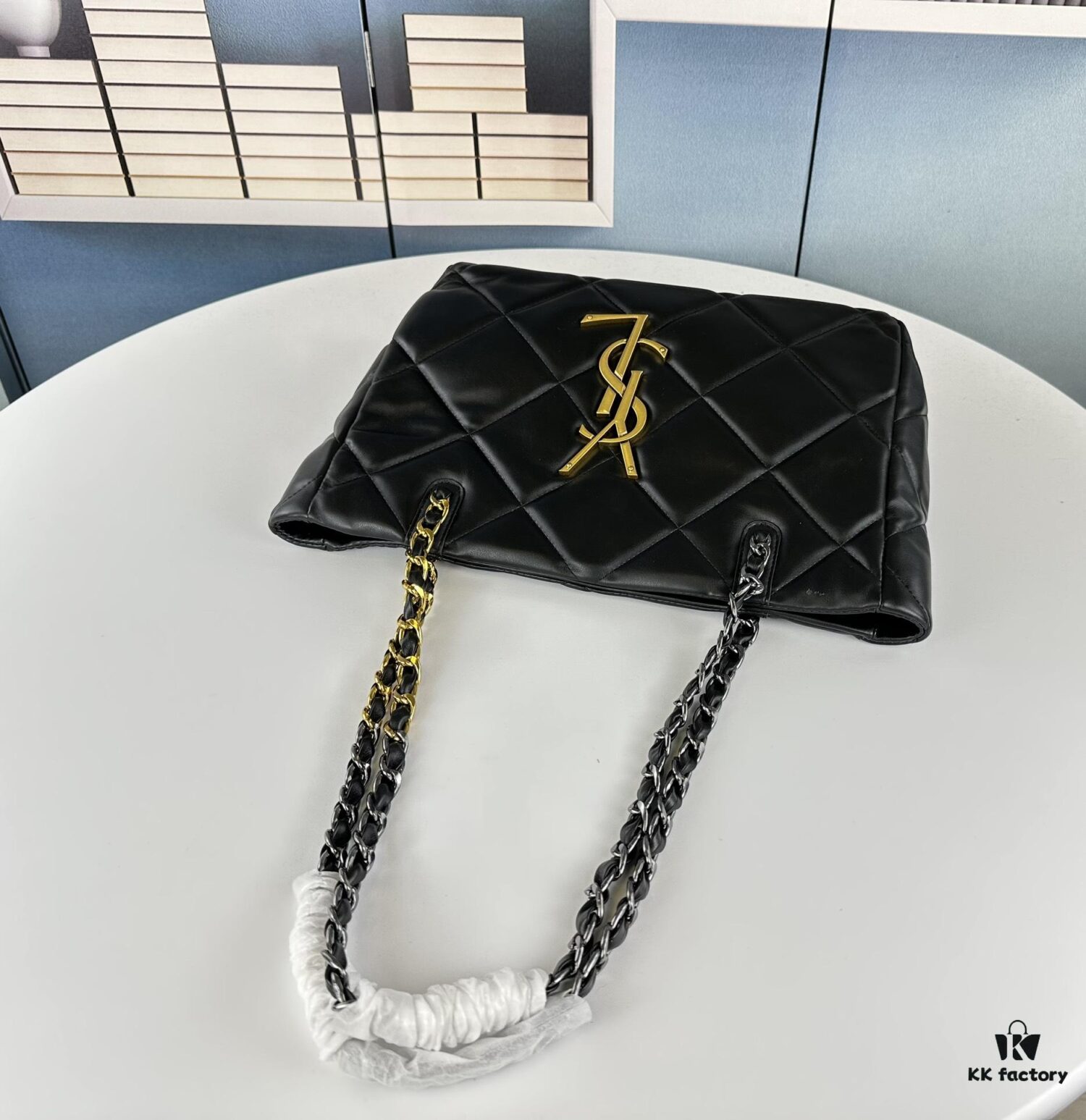 YSL New Tote Bag in Lambskin Black and Gold [Horizontal Style]